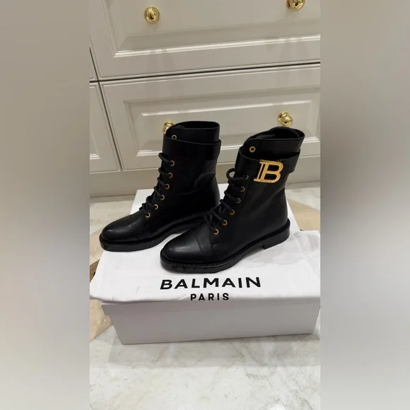 Balmain Black Leather Combat Boots with Gold B Symbol; Size 35; Brand New in Box - Picture 2 of 10